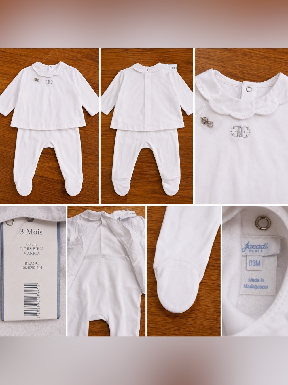 Jacadi Paris Baby White Footed Outfit Set 0-3 Months NWT